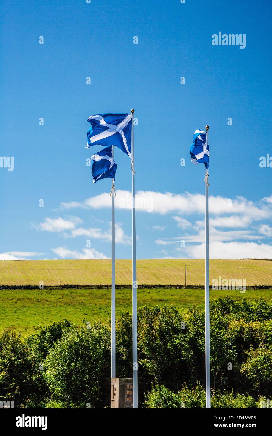 Tre bandiere scozzesi lungo la A1 al confine tra Scozia e Inghilterra vicino a Berwick-upon-Tweed. Foto Stock