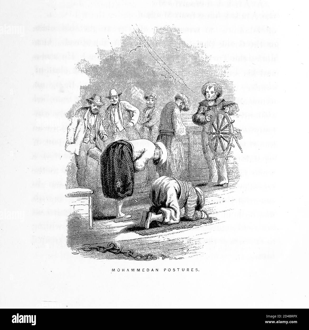 Posture di Mohammedan [Moslemi in preghiera] incisioni di legno dal libro 'Palestina, passato e presente' con le note bibliche, letterarie e scientifiche di Rev. Osborn, H. S. (Henry Stafford), 1823-1894 pubblicato a Filadelfia, da J. challen & son; nel 1859 Foto Stock