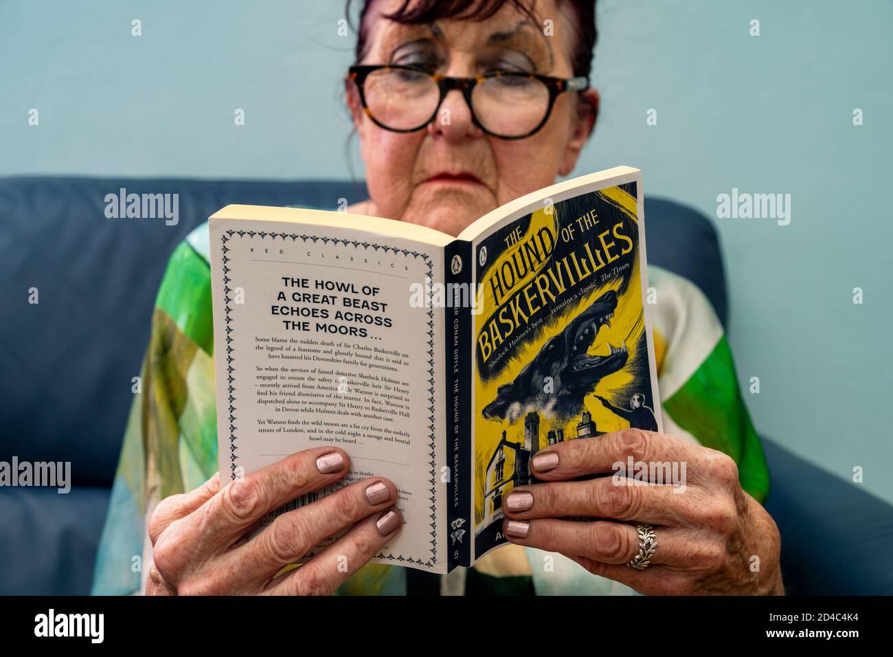 Donna che legge il tumulo del romanzo di Baskervilles Foto Stock