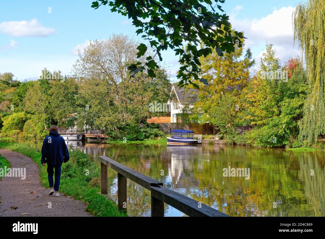 Una donna che cammina sull'alzaia vicino al fiume Wey Navigazione canale in una giornata autunnale a Weybridge Surrey England REGNO UNITO Foto Stock