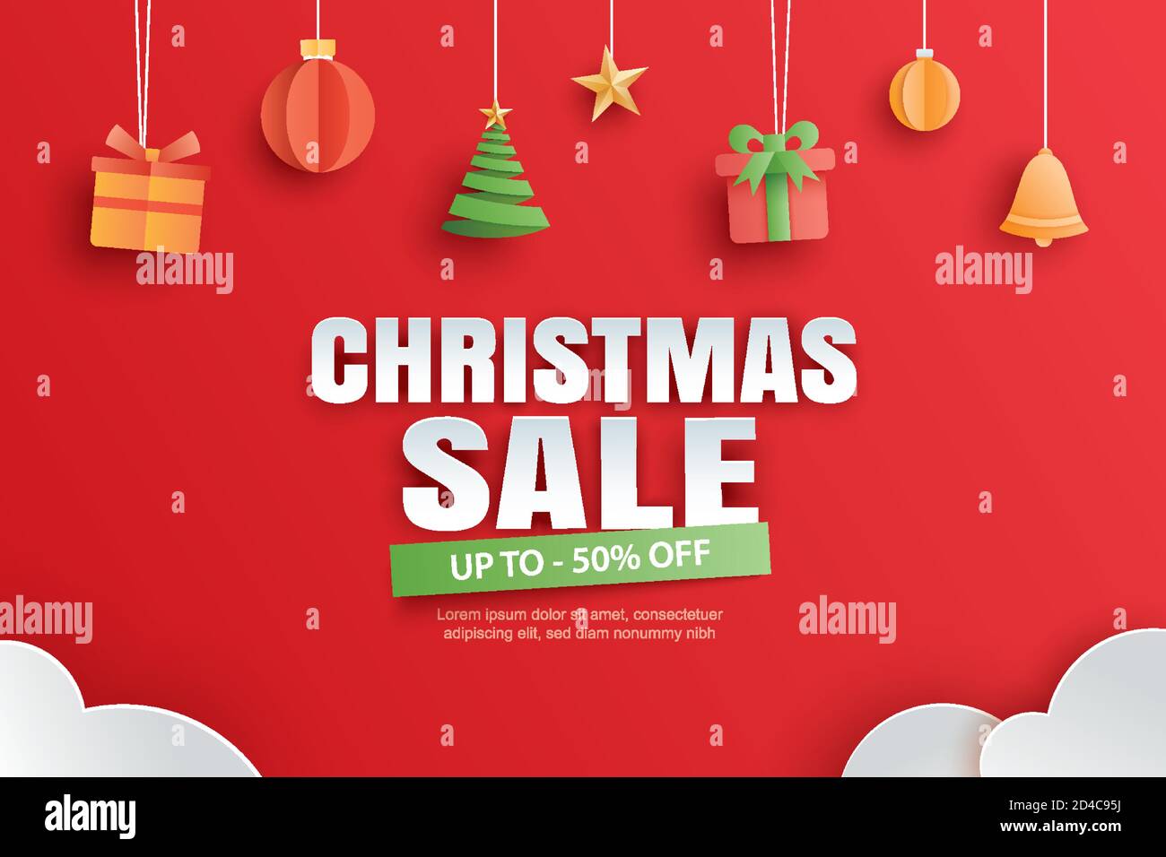 Vendita di Natale con regali ed elementi appesi su banner rosso di fondo in stile arte della carta. Illustrazione Vettoriale Vendita di Natale con regali ed elementi appesi su banner rosso di fondo in stile arte della carta. Illustrazione Vettoriale