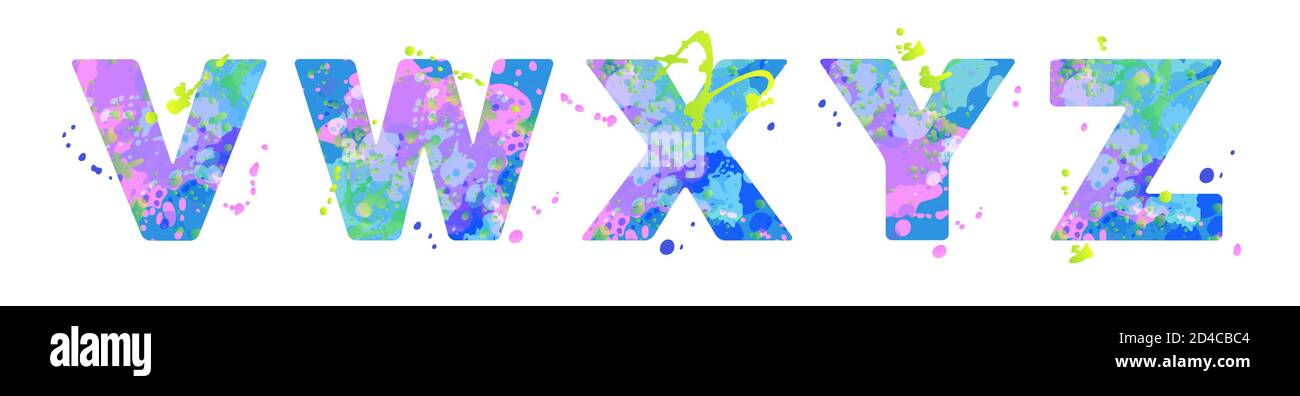 Lettere VWXYZ con effetto di macchie liquide di vernice in blu, verde, rosa, isolato su bianco. Elemento decorativo per la progettazione di volantini, poster, calendario, copertina, titolo. Illustrazione vettoriale. Illustrazione Vettoriale