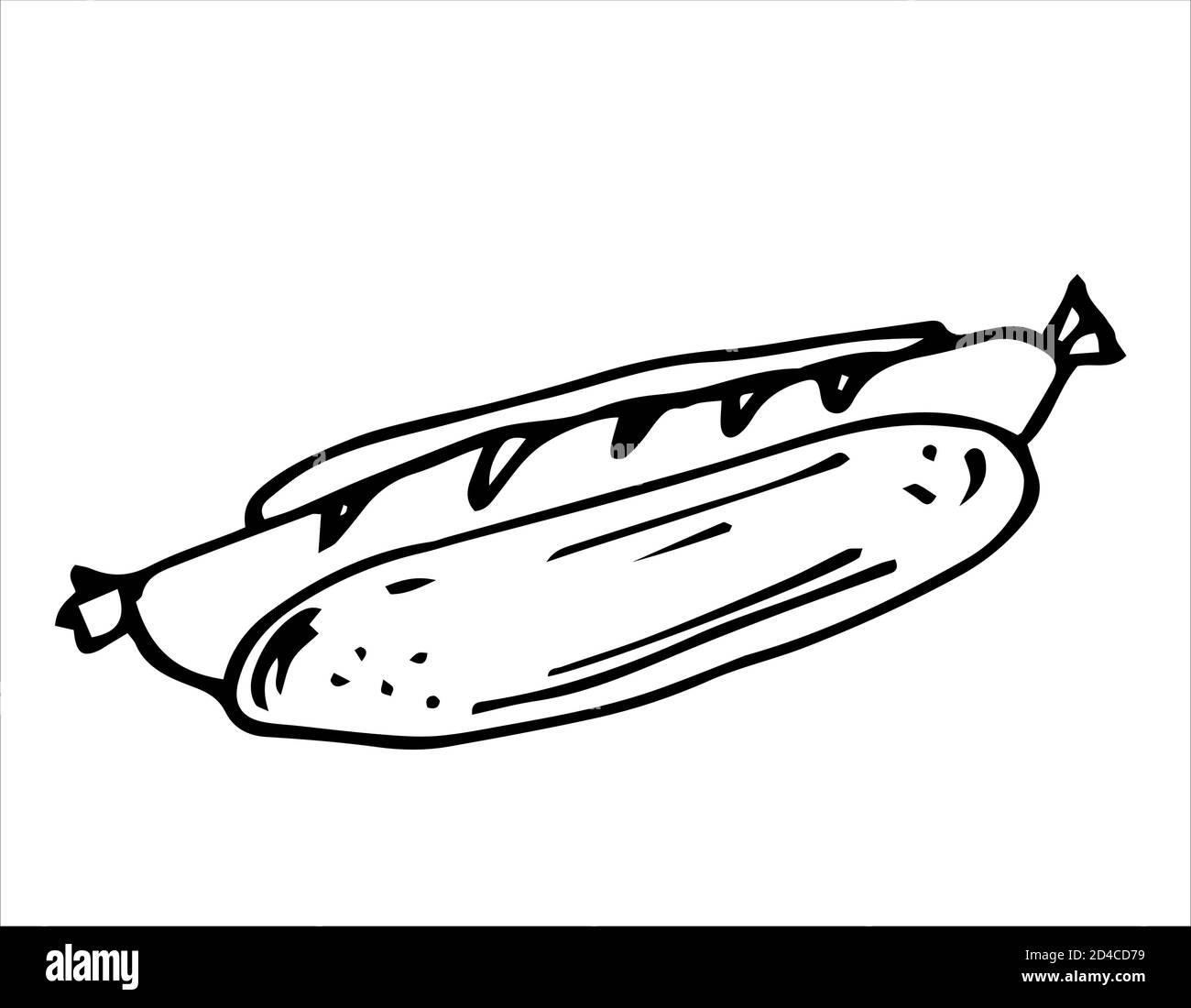 Icona hot dog, disegno del contorno. Panino con salsiccia, illustrazione vettoriale. Decorativo Illustrazione Vettoriale