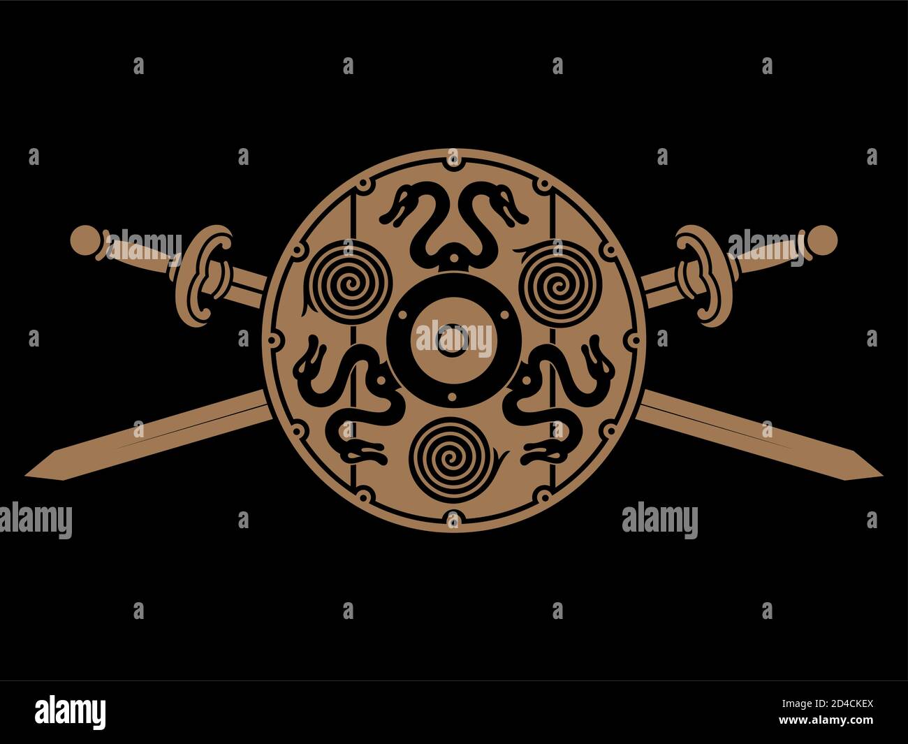 Old Norse, design vichingo. Due spade vichinghe incrociate e scudo vichingo Illustrazione Vettoriale