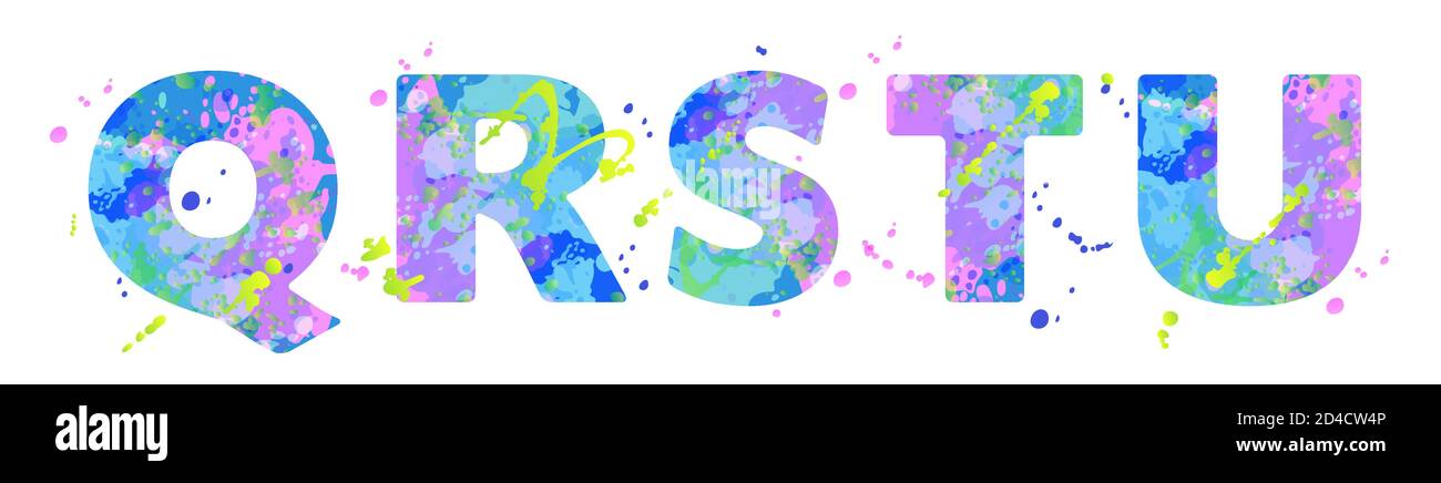 Lettere QRSTU con effetto di macchie liquide di vernice in blu, verde, rosa, isolato su bianco. Elemento decorativo per la progettazione di volantini, poster, calendario, copertina, titolo. Illustrazione vettoriale. Illustrazione Vettoriale