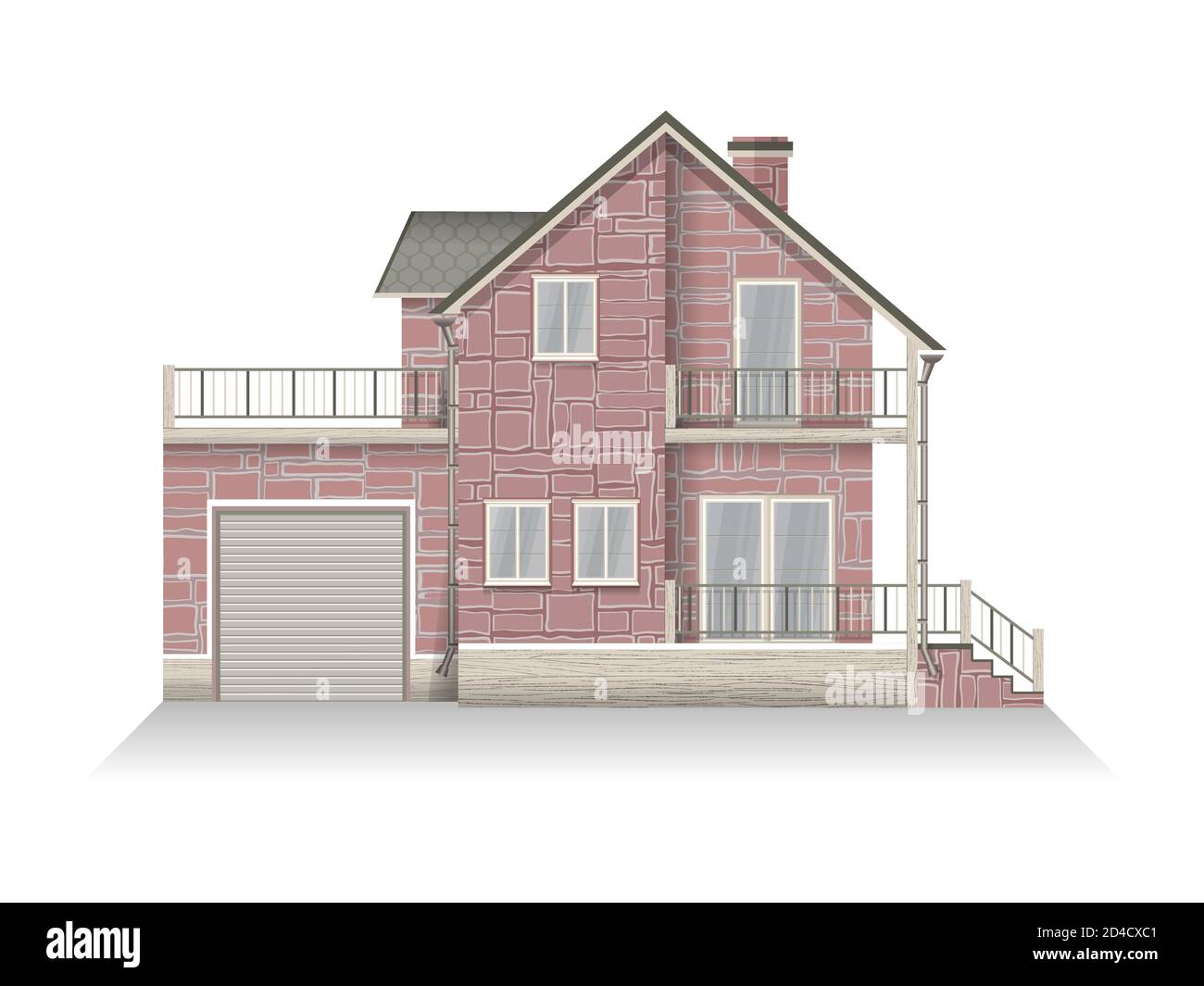 Illustrazione vettoriale di dettagliata casa suburbana famiglia con mansarda e garage. Casa in mattoni. Isolato su sfondo bianco. Illustrazione Vettoriale
