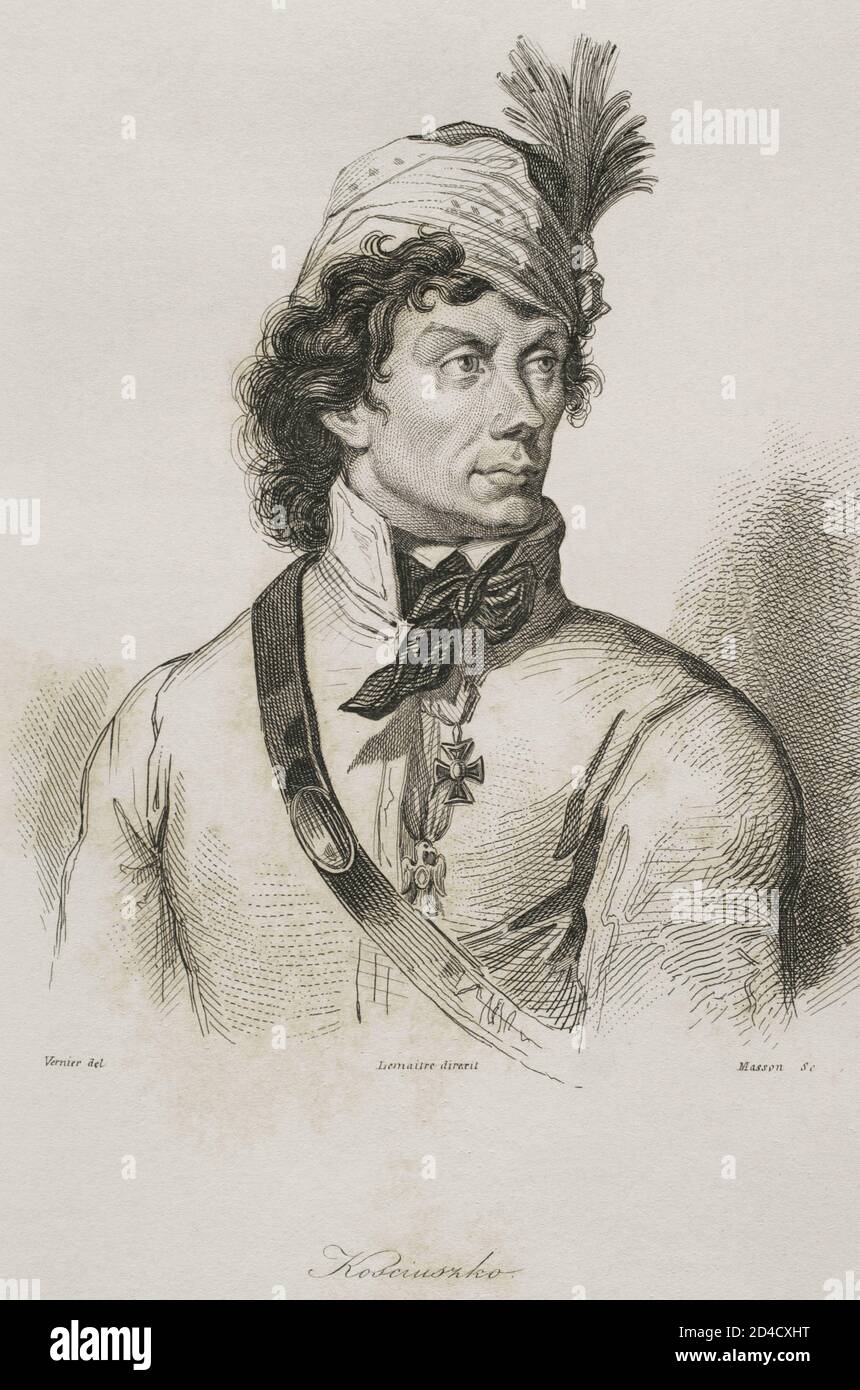 Tadeusz Kosciuszko (1746-1817). Generale polacco e statista. Eroe nazionale in Polonia e Bielorussia per la sua leadership di un'insurrezione nazionale, e negli Stati Uniti per il suo ruolo nella rivoluzione americana. Verticale. Incisione di Lemaitre, Vernier e Masson. Storia della Polonia, di Charles Foster. Panorama universale, 1840. Foto Stock