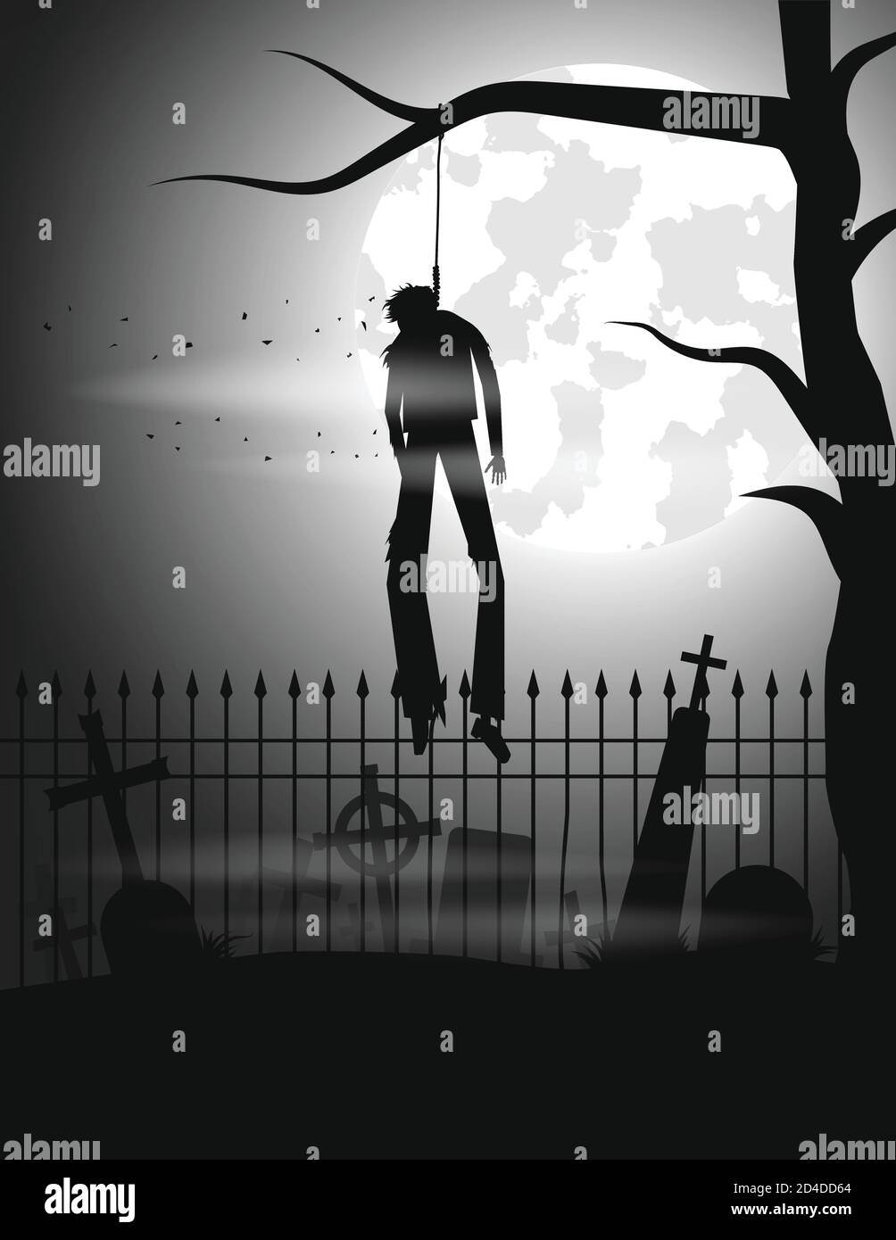 L'uomo morto è impiccato da un albero nel vecchio cimitero. Illustrazione vettoriale. Foto Stock