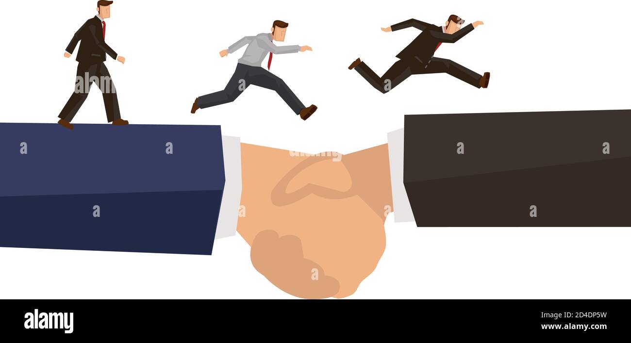 Gli uomini d'affari che corrono su mani connesse come un ponte. Concetto di accordo commerciale o di cooperazione. Illustrazione vettoriale dei caratteri a fumetto piatto i Illustrazione Vettoriale