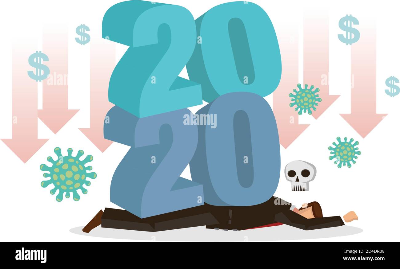 Uomo d'affari che ha problemi sull'anno 2020. Concetto di crisi del 2020, pandemia di coronavirus o crollo economico. Carattere cartoon piatto isolato su bianco ba Illustrazione Vettoriale