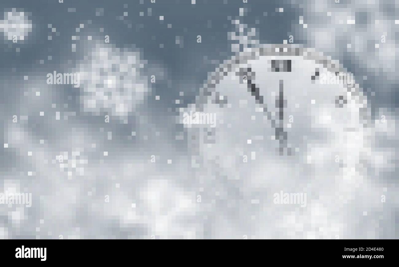 Poster di Capodanno con orologio e neve di Natale. Caduta di fiocchi di neve su sfondo scuro. Nevicata. Illustrazione vettoriale. Illustrazione Vettoriale
