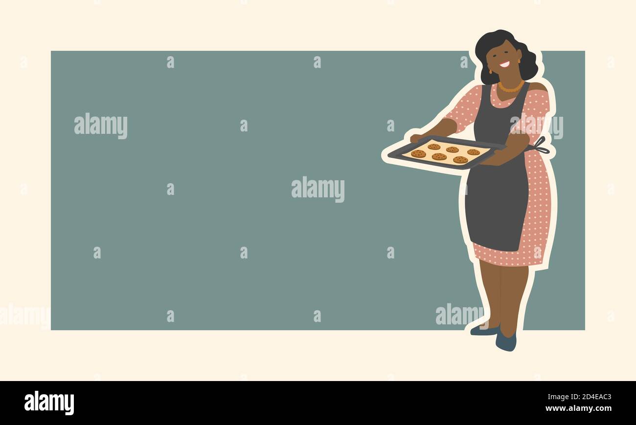 Allegra donna afro con cialde scure e biscotti fatti in casa Illustrazione Vettoriale