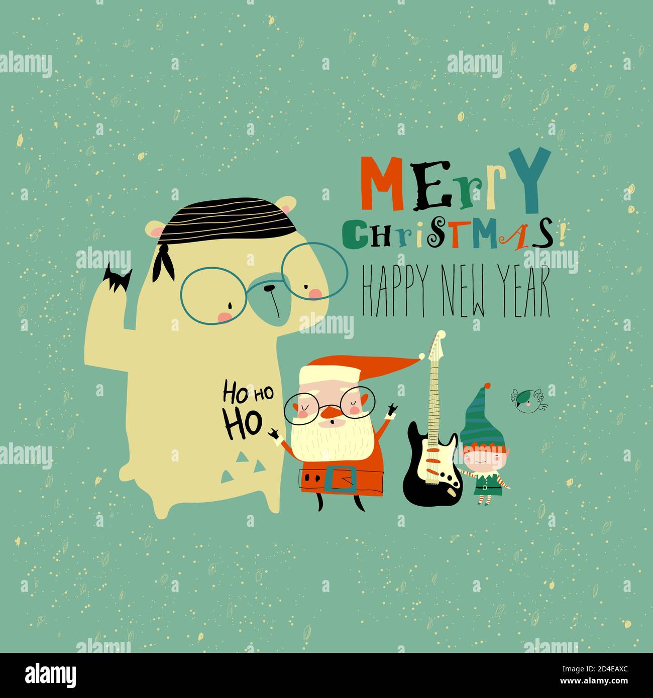 Divertente rock n roll Babbo Natale con orso polare e. piccolo aiuto Illustrazione Vettoriale