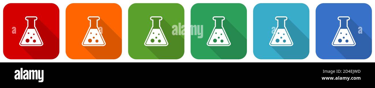 Scienza, laboratorio, set di icone chimiche, illustrazione vettoriale di design piatto in 6 colori per applicazioni di webdesign e mobile Illustrazione Vettoriale