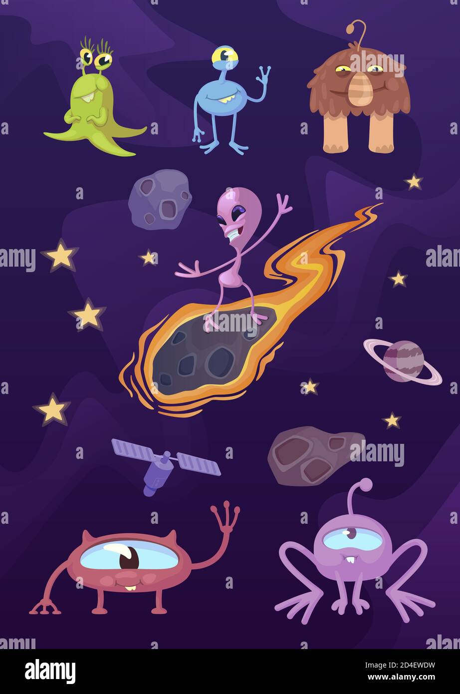 Alieni, fantastica creature cartoni animati vettore illustrazioni kit Illustrazione Vettoriale