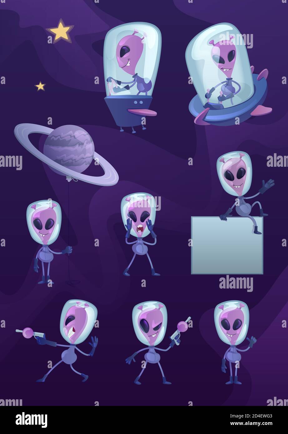 Kit di illustrazioni dei personaggi cartoni 2D extraterrestri Illustrazione Vettoriale