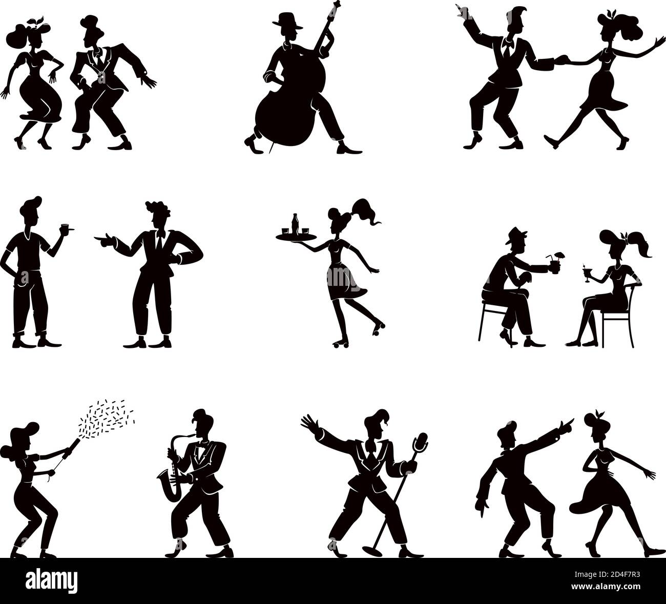 Kit di illustrazioni per silhouette nera da uomo e donna retrò Illustrazione Vettoriale