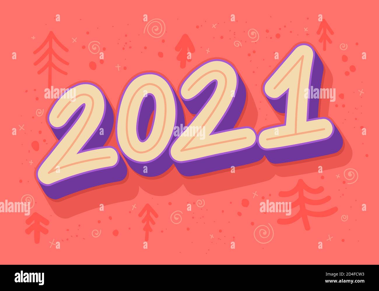 Modello di biglietto di auguri vettoriale per il nuovo anno 2021. Numero di carattere retrò trendy su sfondo rosso. Bodles decorativi di abeti disegnati a mano. Illustrazione Vettoriale