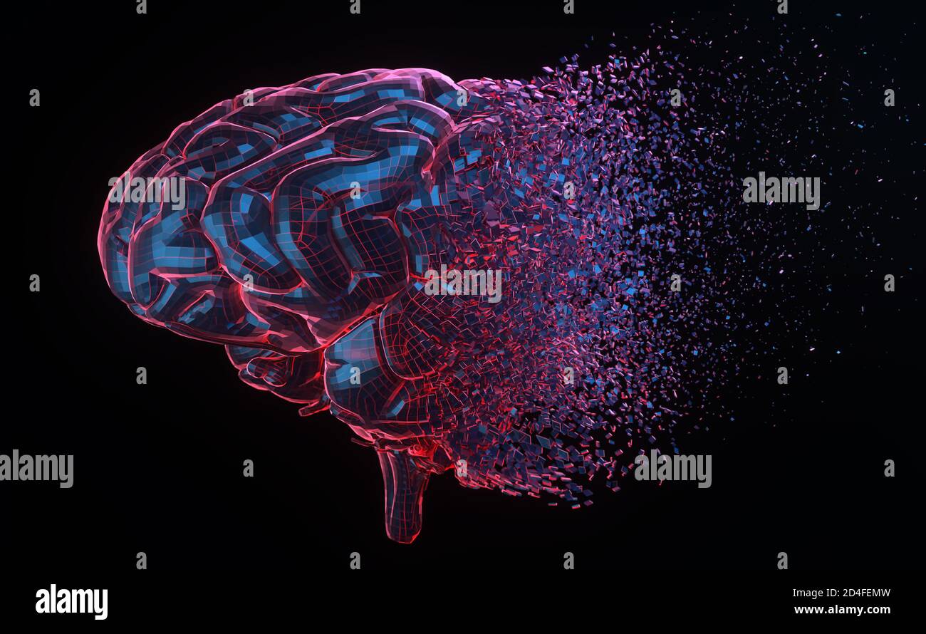 Cervello umano che esplodono su sfondo nero. 3D illustrazione Foto Stock