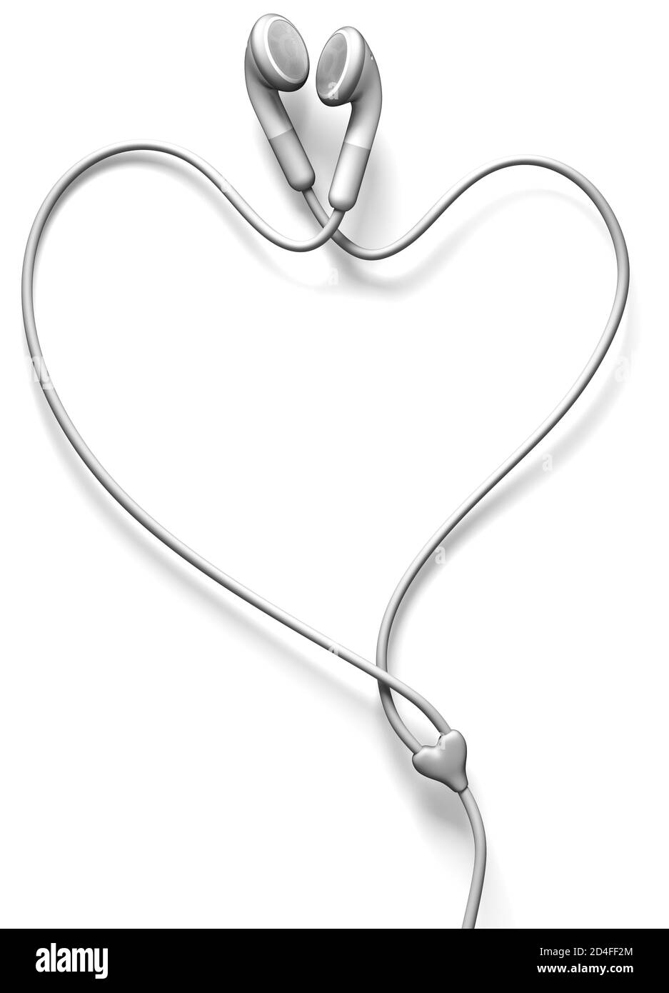 Ama la musica. Auricolari a forma di cuore. Sfondo bianco, tagliato. Cuffie. Foto Stock