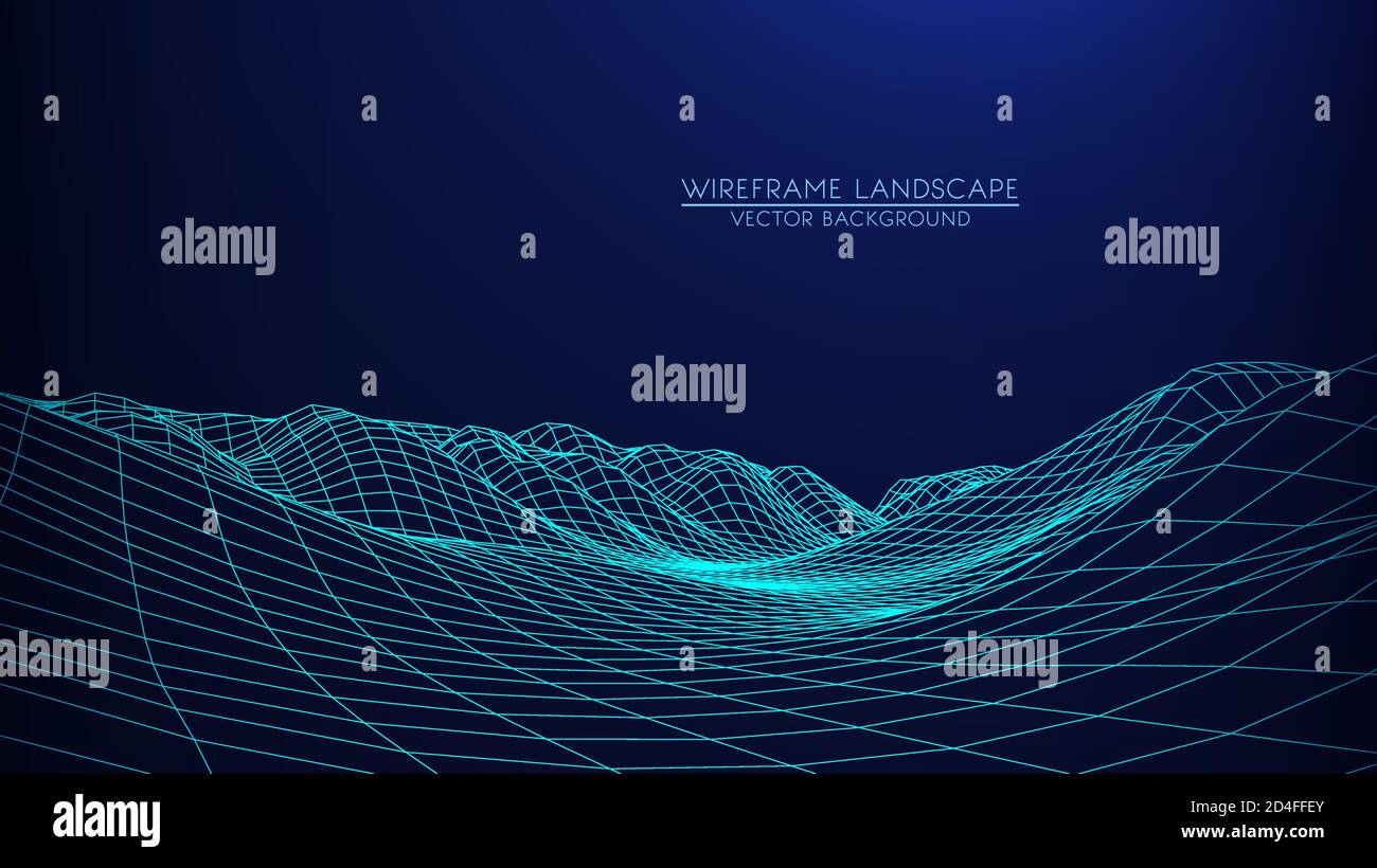 Panorama digitale astratto con stelle all'orizzonte. Sfondo orizzontale a reticolo. Big data. 80s retro sci-Fi sfondo Illustrazione Vettoriale
