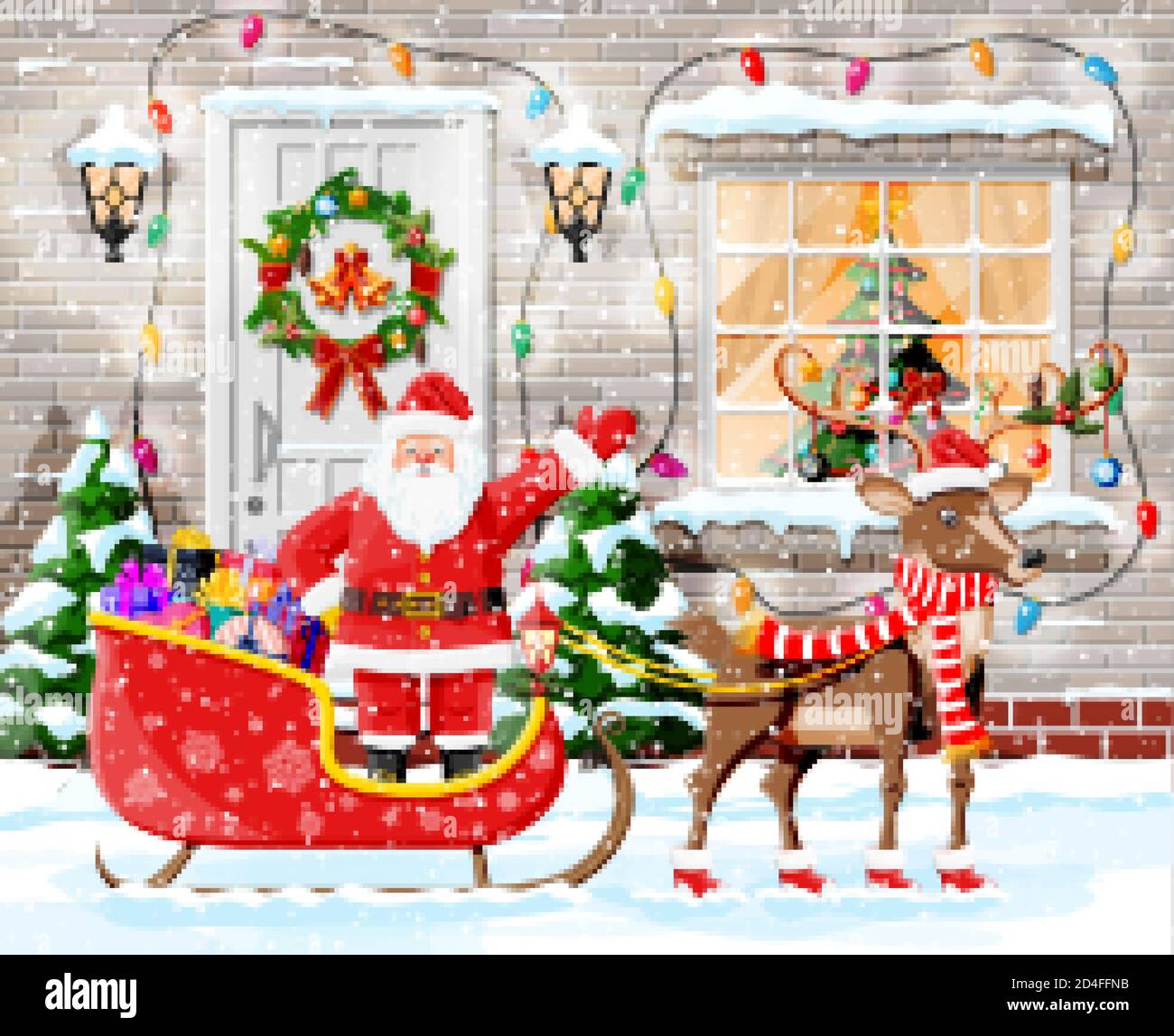 Decorazione della porta di Natale. Babbo natale in slitta con cervi. Ingresso alla casa suburbana decorata con luci di ghirlanda. Saluti di festa. Anno nuovo e festa di Natale. Illustrazione vettoriale piatta Illustrazione Vettoriale