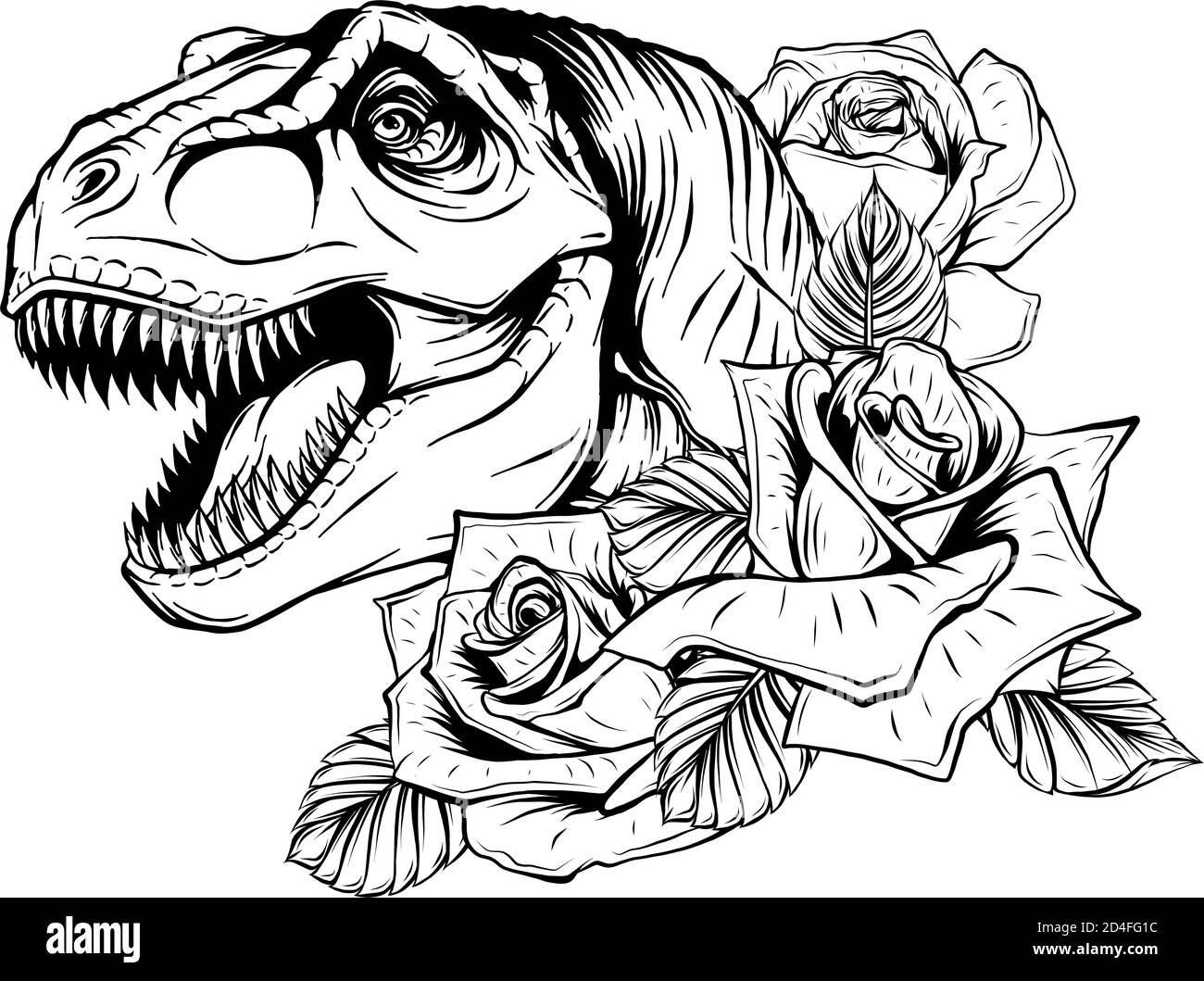 disegno vettoriale di dinosauro e rose. Disegno di arte concettuale. Illustrazione Vettoriale