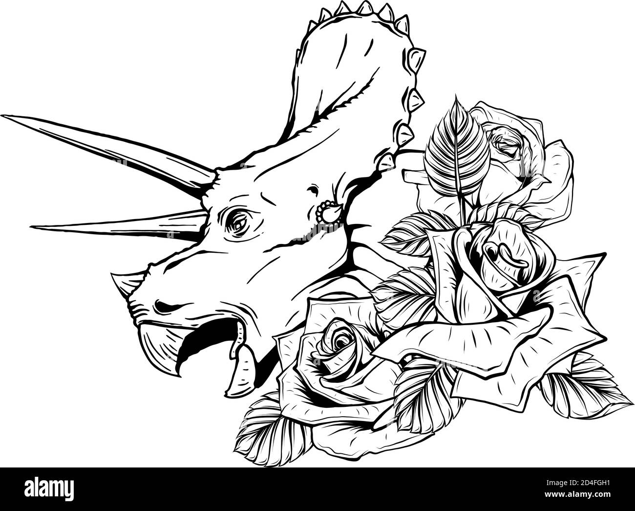 disegno vettoriale di dinosauro e rose. Disegno di arte concettuale. Illustrazione Vettoriale