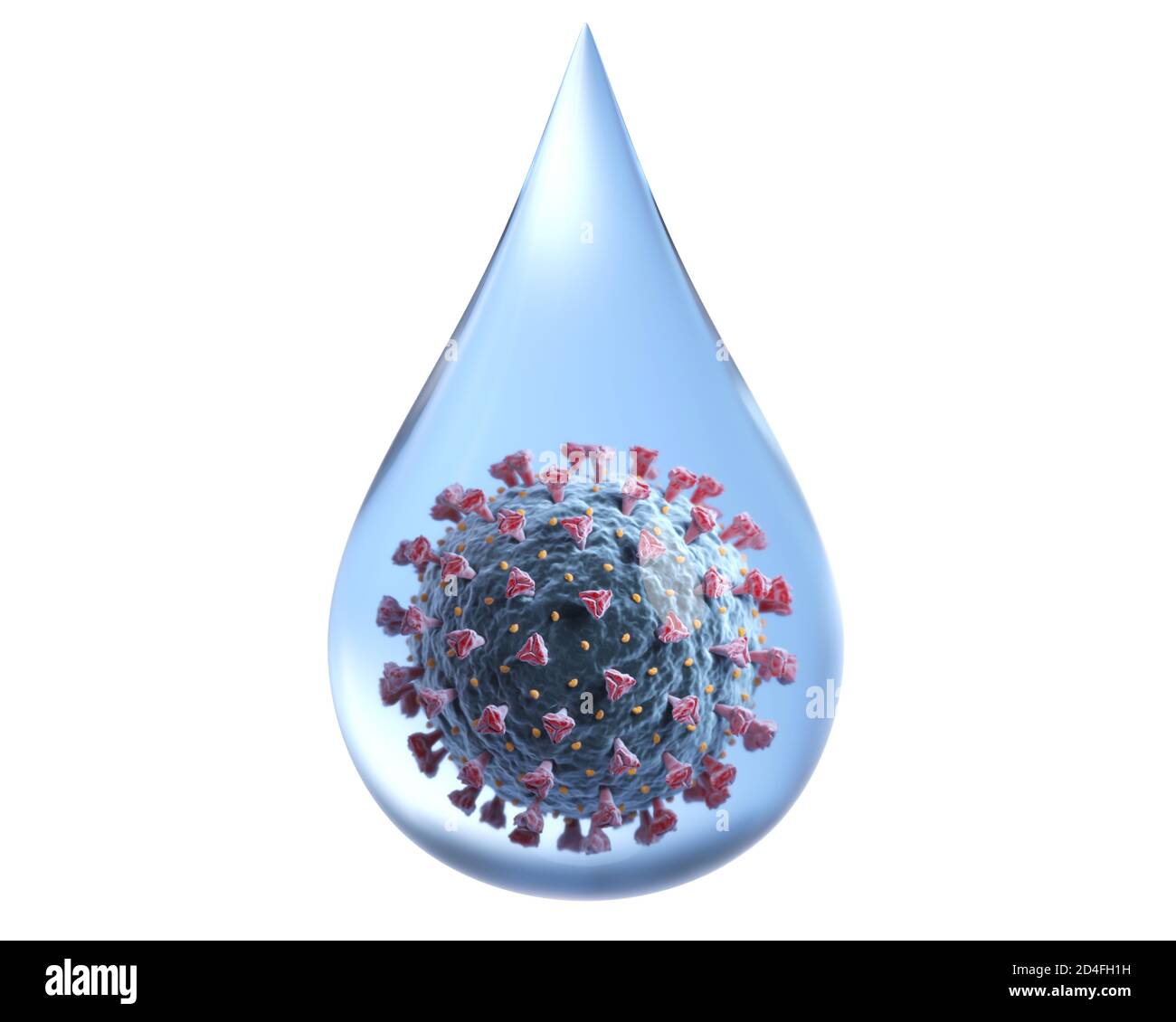 Goccia d'acqua con Corona Virus all'interno. Illustrazione 3D Foto Stock