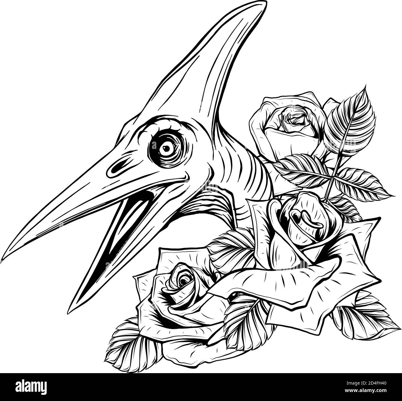 disegno vettoriale di dinosauro e rose. Disegno di arte concettuale. Illustrazione Vettoriale