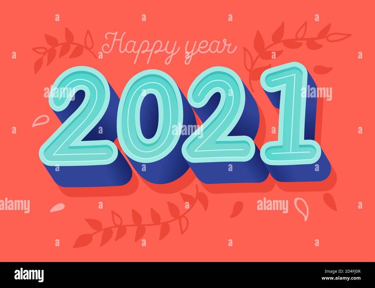 Modello di biglietto di auguri vettoriale per il nuovo anno 2021. Numero di carattere retrò trendy su sfondo rosso. Bodles decorativi di abeti disegnati a mano. Illustrazione Vettoriale