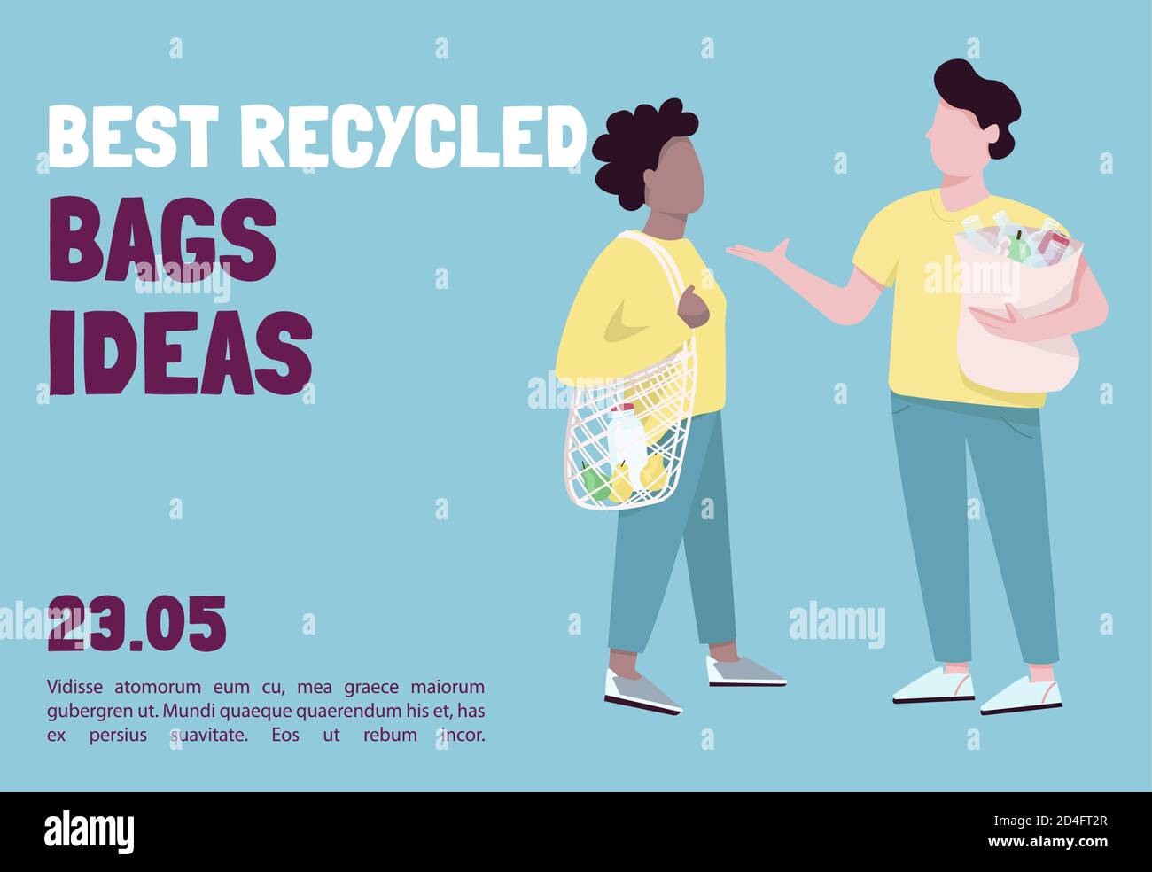 Utilizzo di sacchetti riciclabili per la spesa banner piatto modello vettoriale Illustrazione Vettoriale