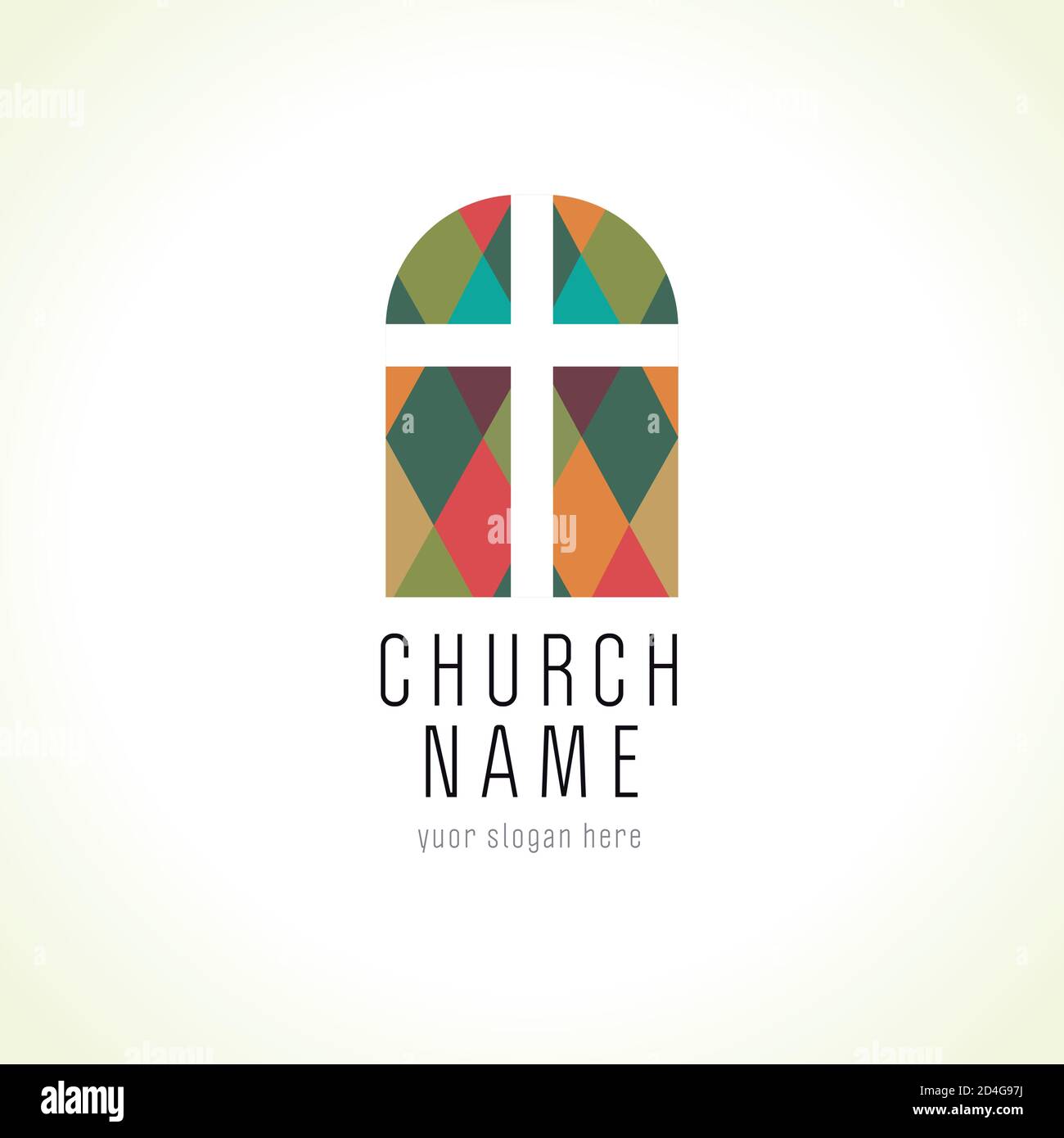 Vecchio logo vettoriale della finestra dell'arco. Croce chiesa cristiana icona colorata. Simbolo religioso o vintage. Vetrata da pezzi. Crocifisso in colorato Illustrazione Vettoriale