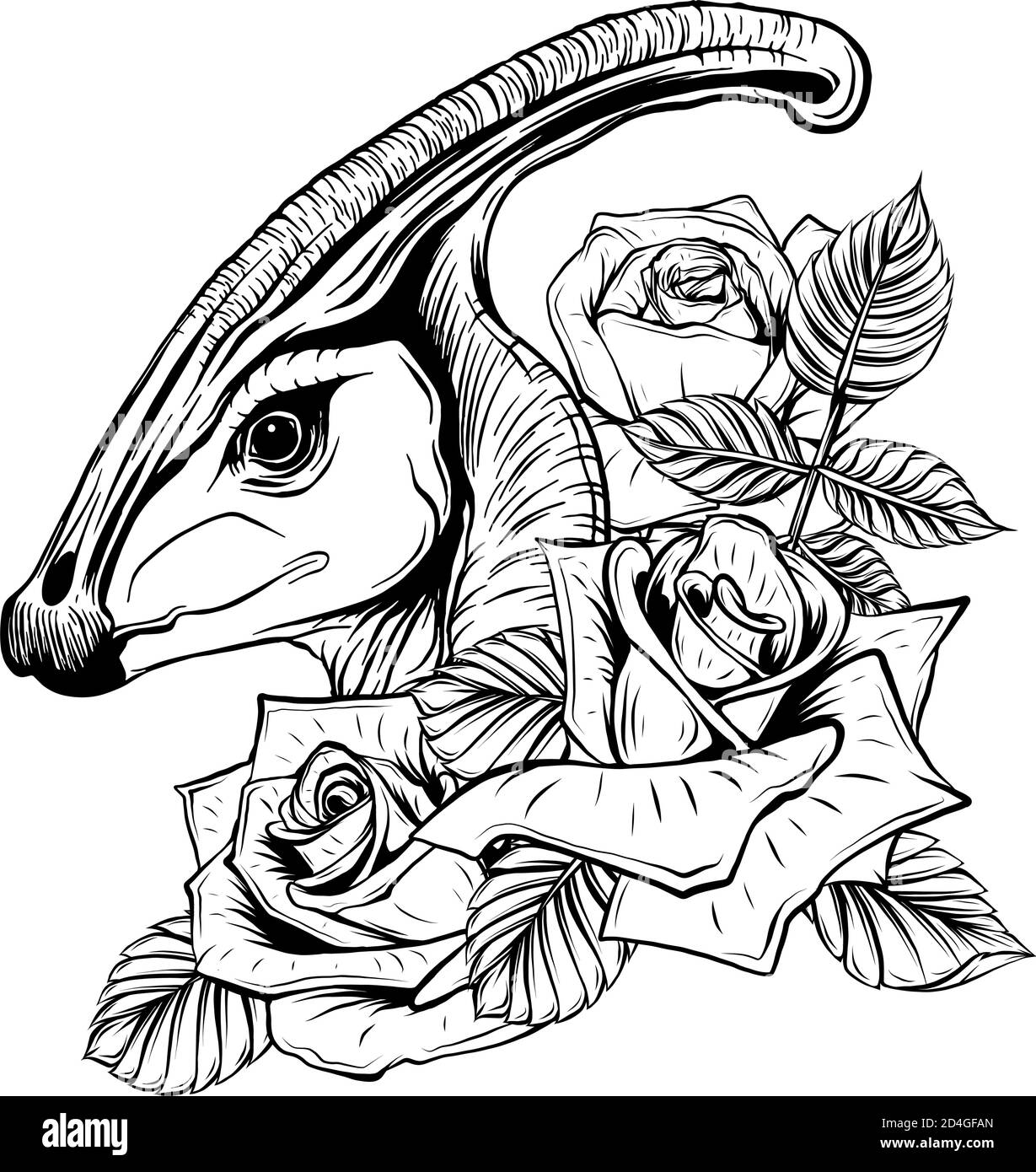 disegno vettoriale di dinosauro e rose. Disegno di arte concettuale. Illustrazione Vettoriale