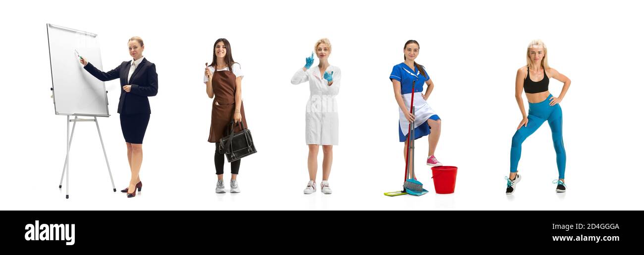 Gruppo di persone con diverse professioni isolato su sfondo bianco studio, orizzontale. Lavoratori moderni di diverse occupazioni, modelli femminili come stilista, ragioniere, cosmetologo, pulitore, allenatore Foto Stock