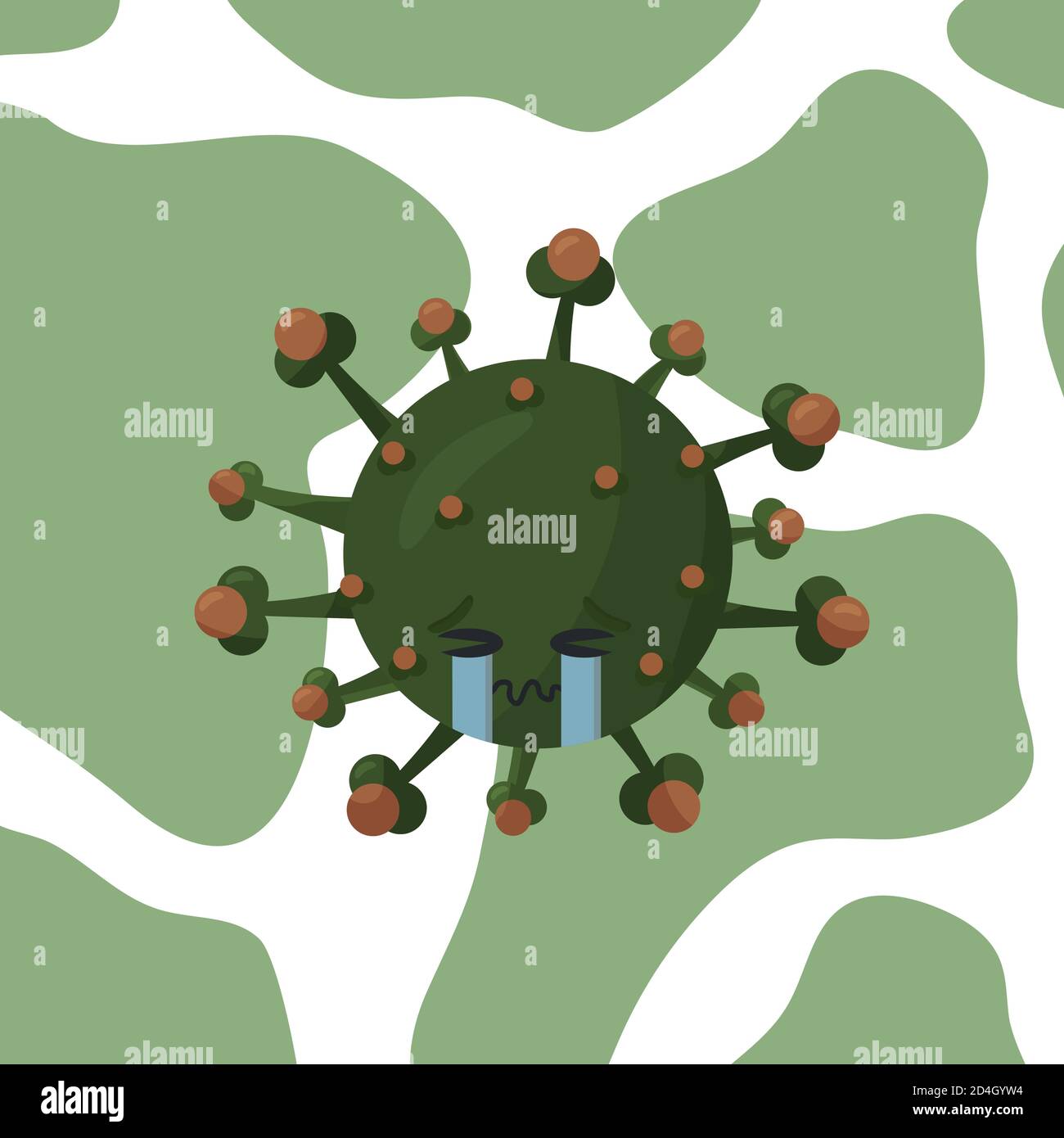 Virus Corona verde carino simpatico personaggio infelice piange sfondo bianco Illustrazione Vettoriale