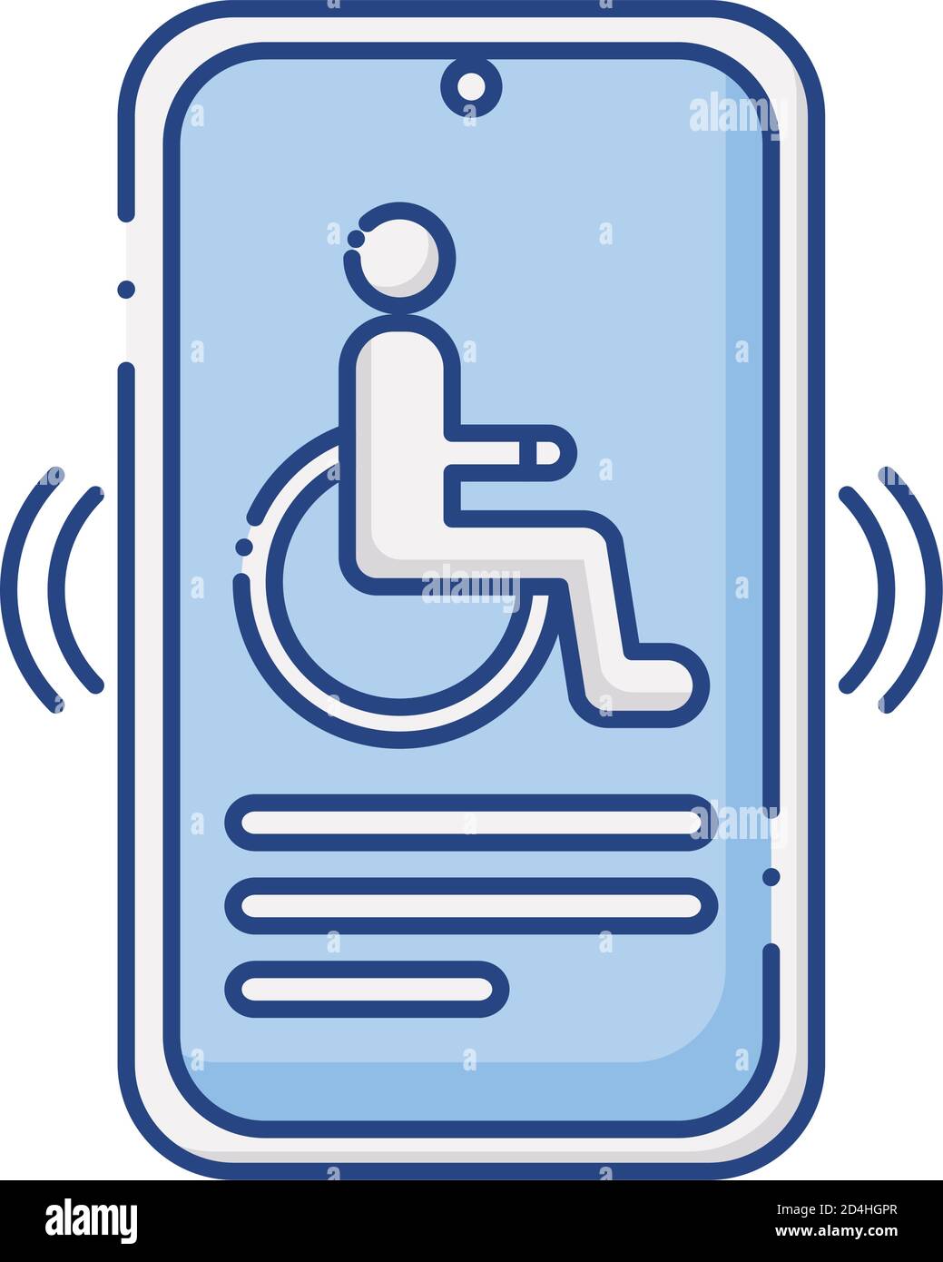 smartphone con design a icone vettoriali per disabili su sedia a rotelle in stile piatto Illustrazione Vettoriale