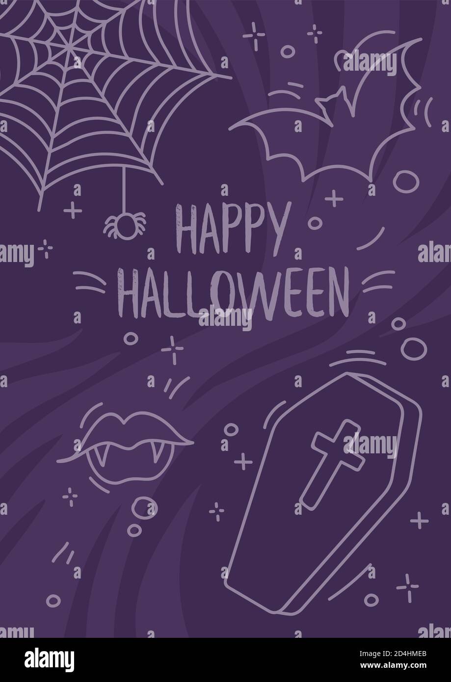 Volantino di Halloween felice viola scuro. Gli elementi del doodle spoky come il barin, il pipistrello, il vampiro fangs. Può essere utilizzato come invito o biglietto di auguri. Illustrazione Vettoriale