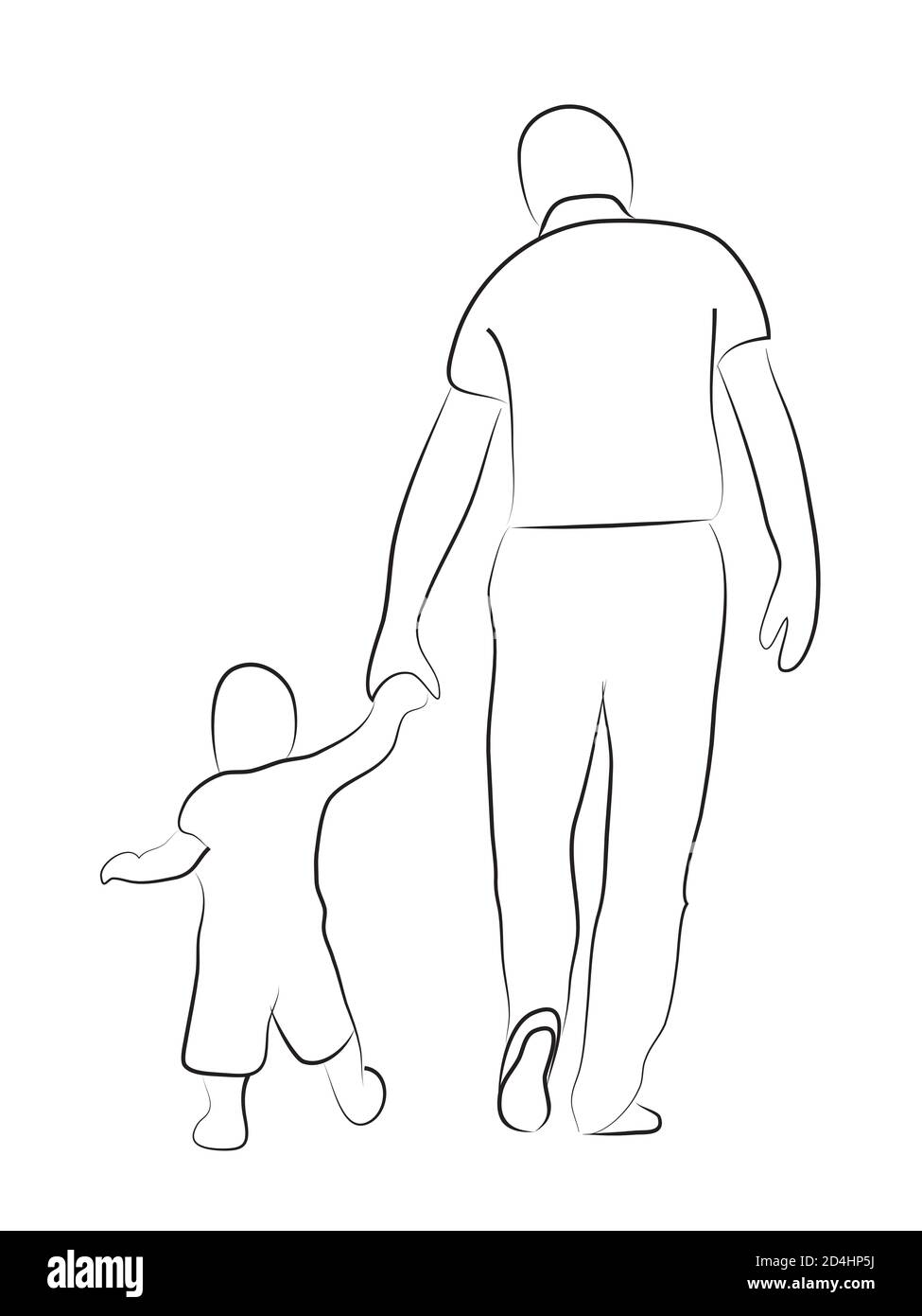 Disegno di schizzo lineare. Amorevole padre con illustrazione dell'arte della linea del bambino. Isolato su sfondo bianco. Foto Stock