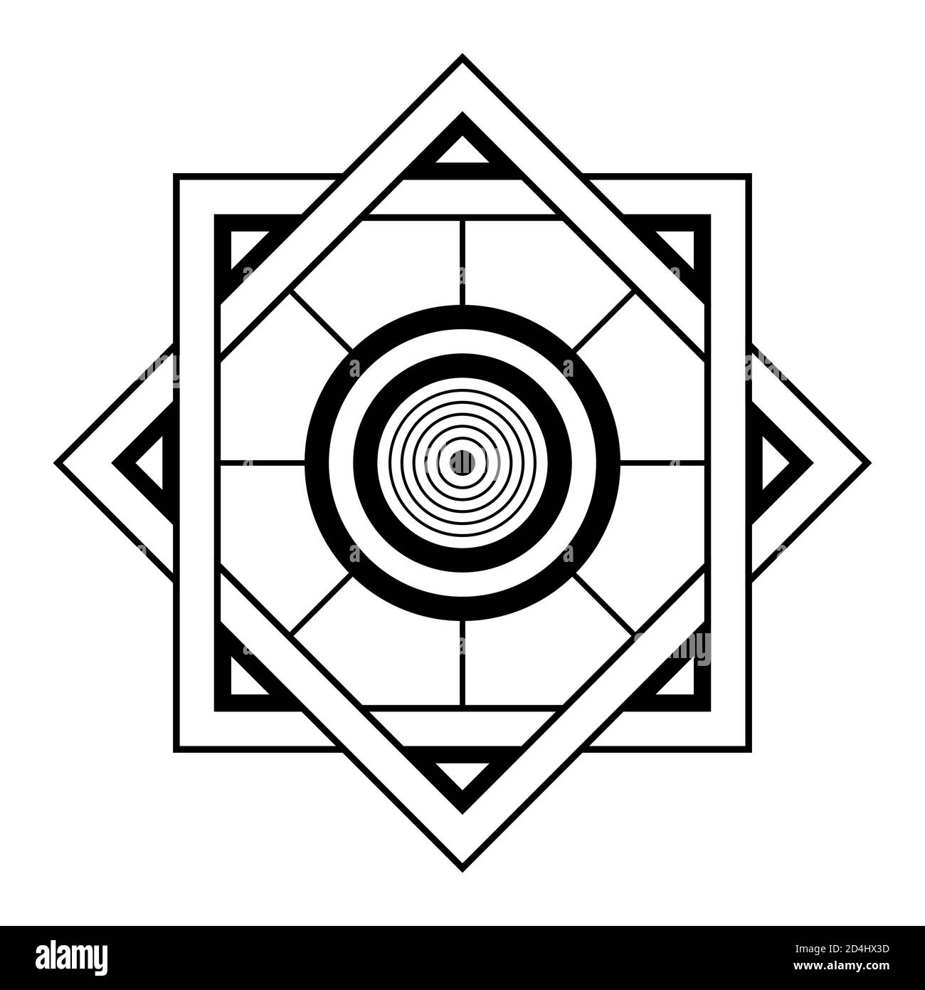 Simbolo geometrico astratto. Segno geometrico sacro con forme geometriche. Isolato su sfondo bianco. Forme lineari nere. Mstic mandala. Illustrazione Vettoriale