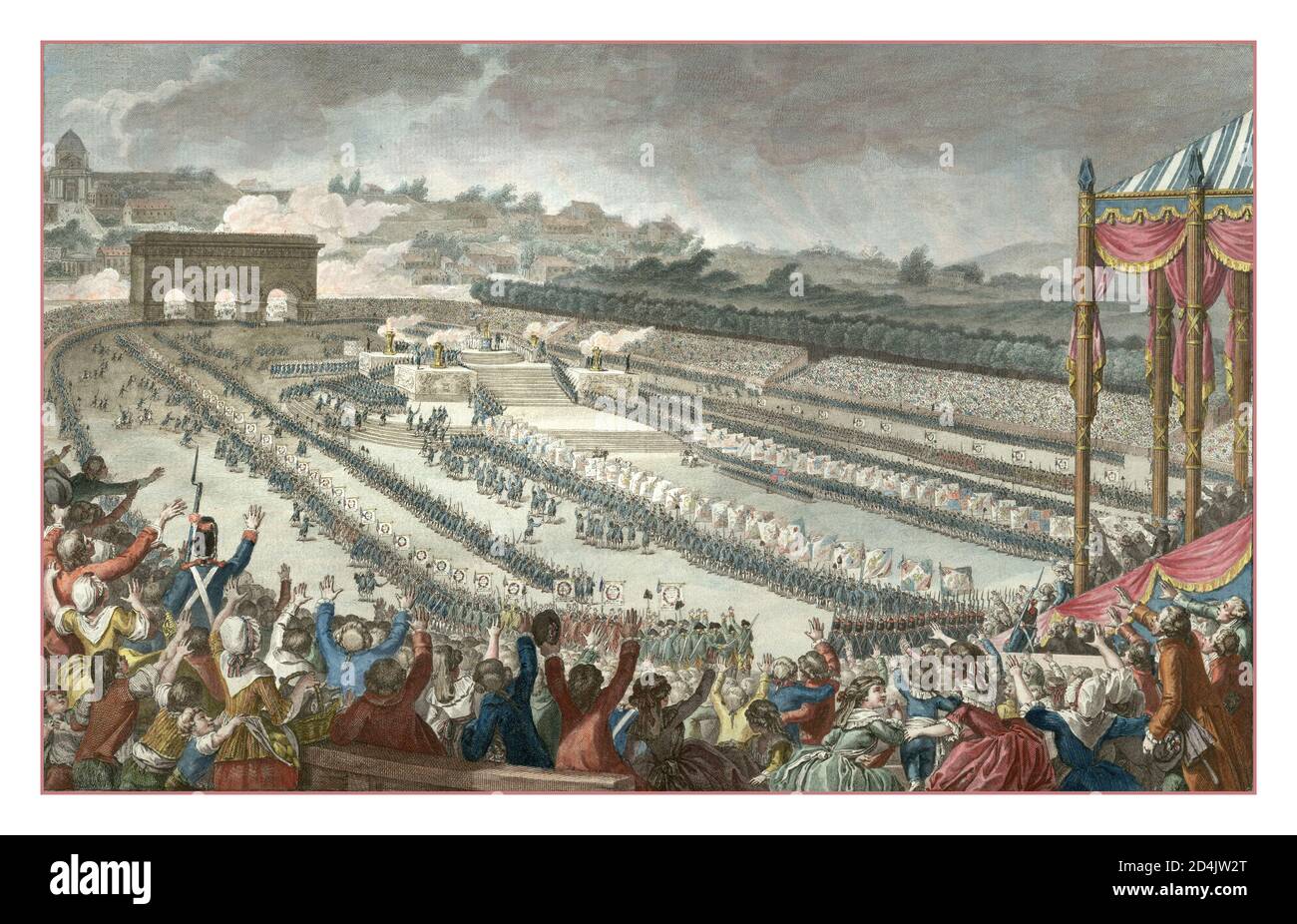 Il Fête de la Fédération del 1790 si è tenuto nel Champ de Mars, il 14 luglio 1790. Il Fête de la Fédération (Festival della Federazione) è stato un festival di vacanze di massa che si è tenuto in tutta la Francia nel 1790 in onore della Rivoluzione francese. Commemorava la rivoluzione e gli eventi del 1789 che erano culminati in una nuova forma di governo nazionale, una monarchia costituzionale guidata da un'Assemblea rappresentativa. Dipinto di Helman, tratto da una foto di C. Monet, Pittore del Re Luigi XVI Foto Stock