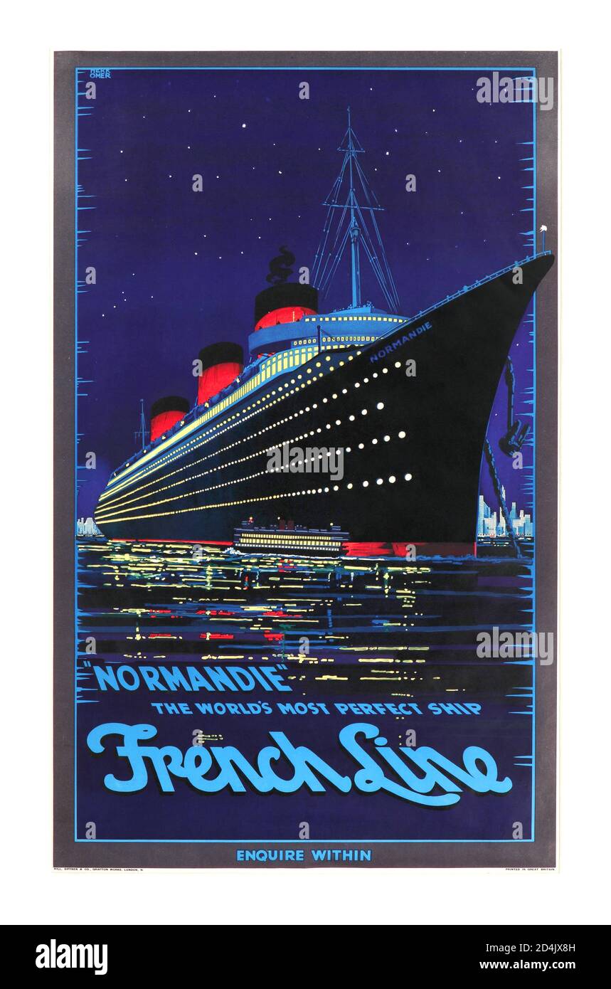 Poster pubblicitario della linea francese d'epoca degli anni '30 per la crociera a vapore Ocean Liner Di artista Hubert Herkomer NORMANDIE linea francese 1939 ‘ il la nave più perfetta al mondo ‘ Foto Stock