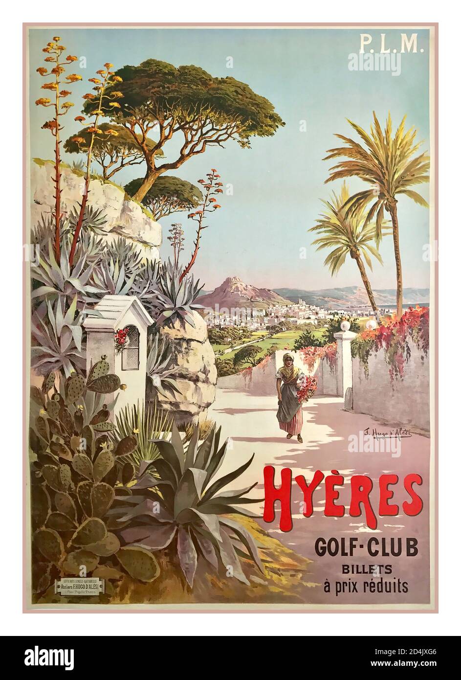 Poster di viaggio francese Hyeres del 1900 di vintage PLM golf club by Hugo d’Alesi Parigi Lione Ferrovia Mediterranea Poster pubblicitario del viaggio del 1900 Hyeres Côte d’Azur Francia Foto Stock
