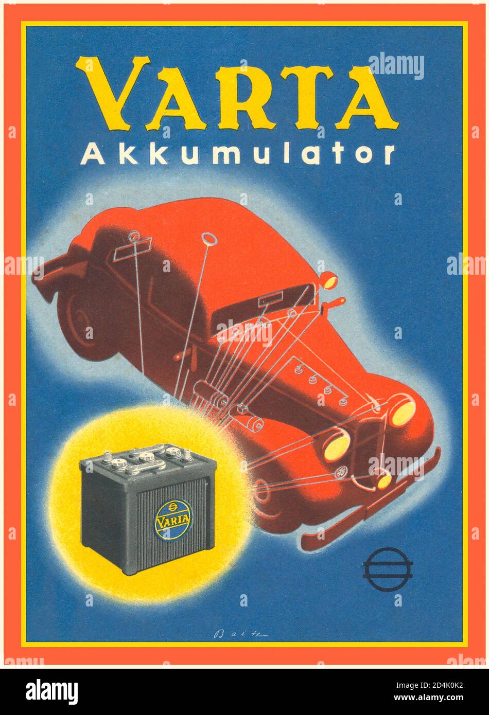 Poster pubblicitario "accumulatore" della batteria per auto VARTA Vanni '20. Le batterie VARTA tedesche forniscono tecnologia avanzata, prestazioni potenti e un servizio eccezionale in tutto il mondo da oltre 100 anni. Foto Stock