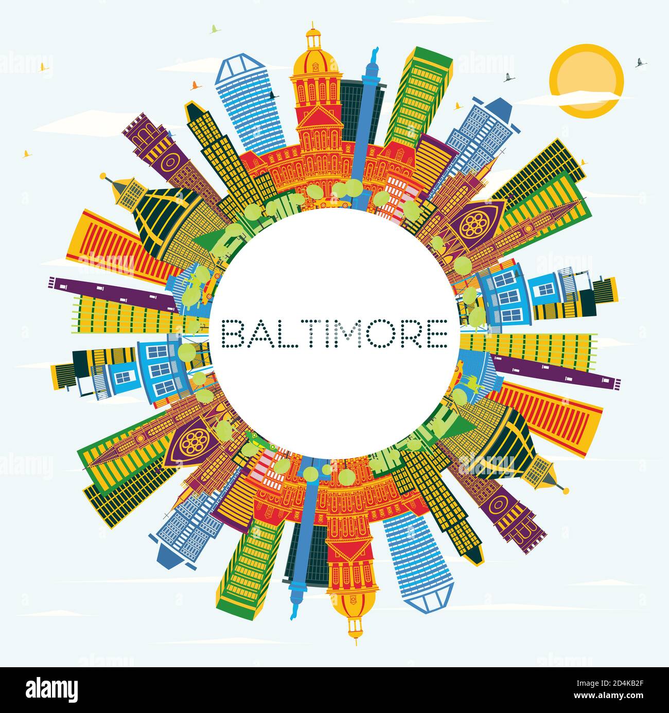 Baltimore USA, Maryland City Skyline con edifici a colori, Blue Sky e Copy Space. Illustrazione vettoriale. Concetto di viaggio d'affari e turismo. Illustrazione Vettoriale