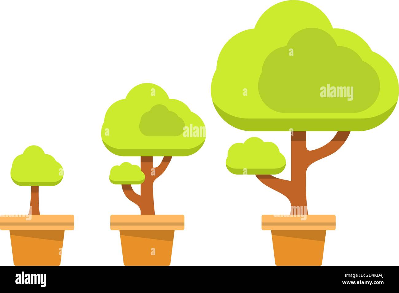 Impostare crescendo ad alberi in una pentola. Vettore di illustrazione piatto. Isolato su sfondo bianco. Illustrazione Vettoriale