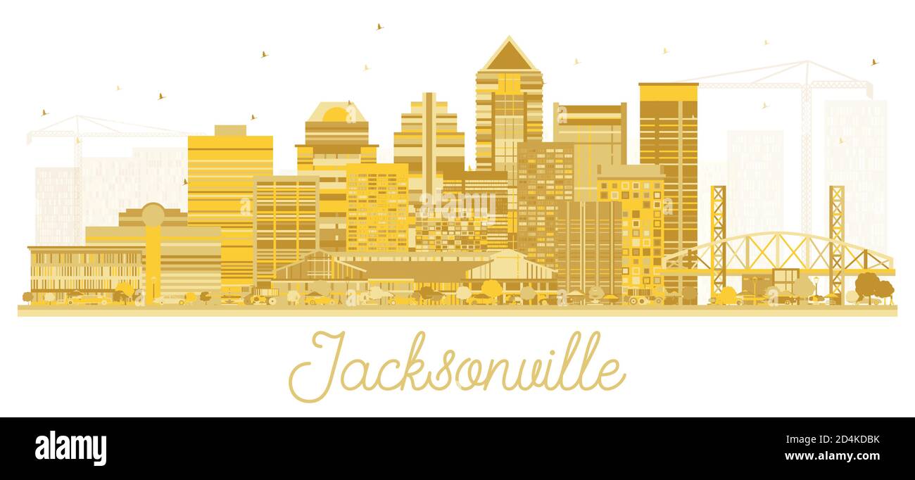 Jacksonville Florida USA City Skyline Silhouette con edifici dorati isolati su bianco. Illustrazione vettoriale. Illustrazione Vettoriale