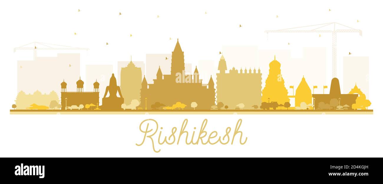 Rishikesh India City Skyline Silhouette con edifici dorati isolati su bianco. Illustrazione vettoriale. Illustrazione Vettoriale