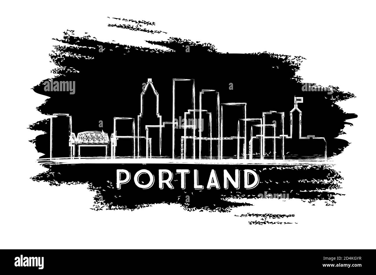 Silhouette, skyline di Portland, Oregon City. Schizzo disegnato a mano. Concetto di viaggio d'affari e turismo con architettura storica. Illustrazione vettoriale. Illustrazione Vettoriale