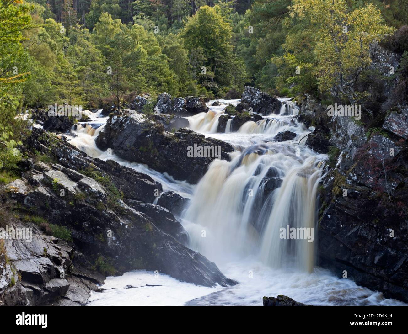 Cascate di Rogie sulle acque nere, un fiume in Ross-shire nelle Highlands della Scozia Foto Stock